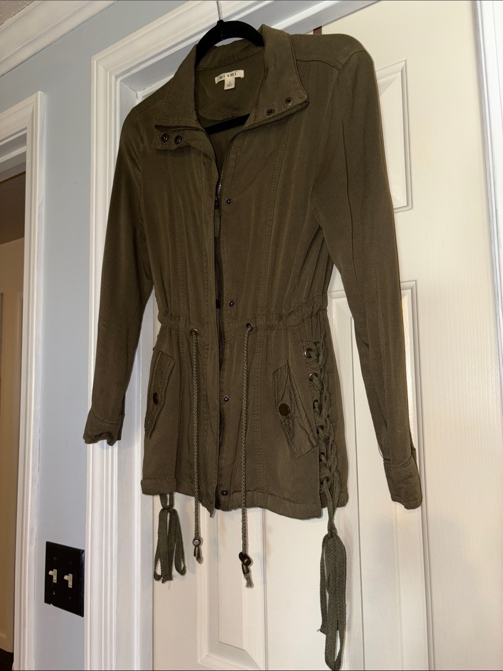 Olive Utility Drawstring Jacket - Picture 3 of 9